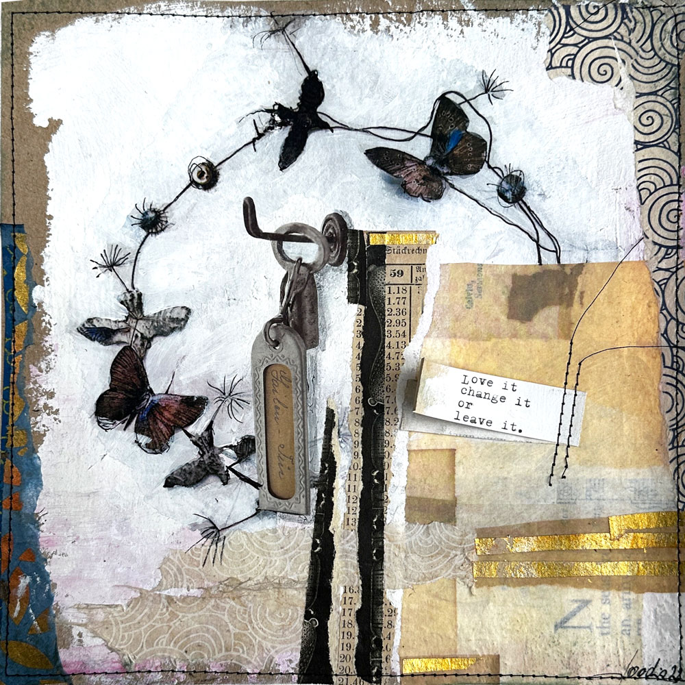 Collage mit Schmetterlingen, Schlüsseln und dem Satz Love it change it or leave it